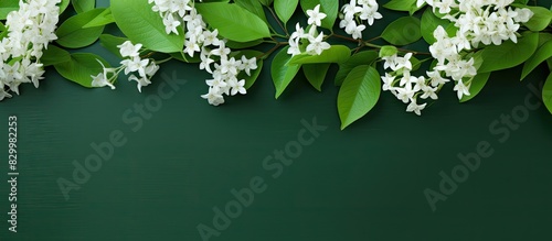 Green leaves and white flowers on the green backgrounds create an appealing copy space image