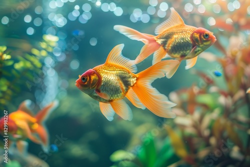 Serene goldfish aquarium. Background adorned with beautiful aquatic flora
