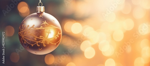 A gold Christmas ornament ball is beautifully displayed on a pine tree creating a festive ambiance with a blurred background to add depth. with copy space image. Place for adding text or design photo