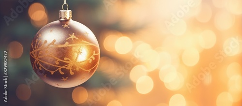 A gold Christmas ornament ball is beautifully displayed on a pine tree creating a festive ambiance with a blurred background to add depth. with copy space image. Place for adding text or design