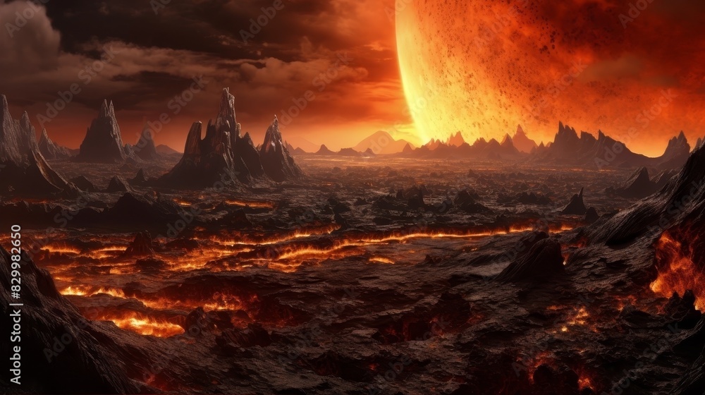 Landscape of an alien planet in red color with rocks, meteorites, asteroids and planets