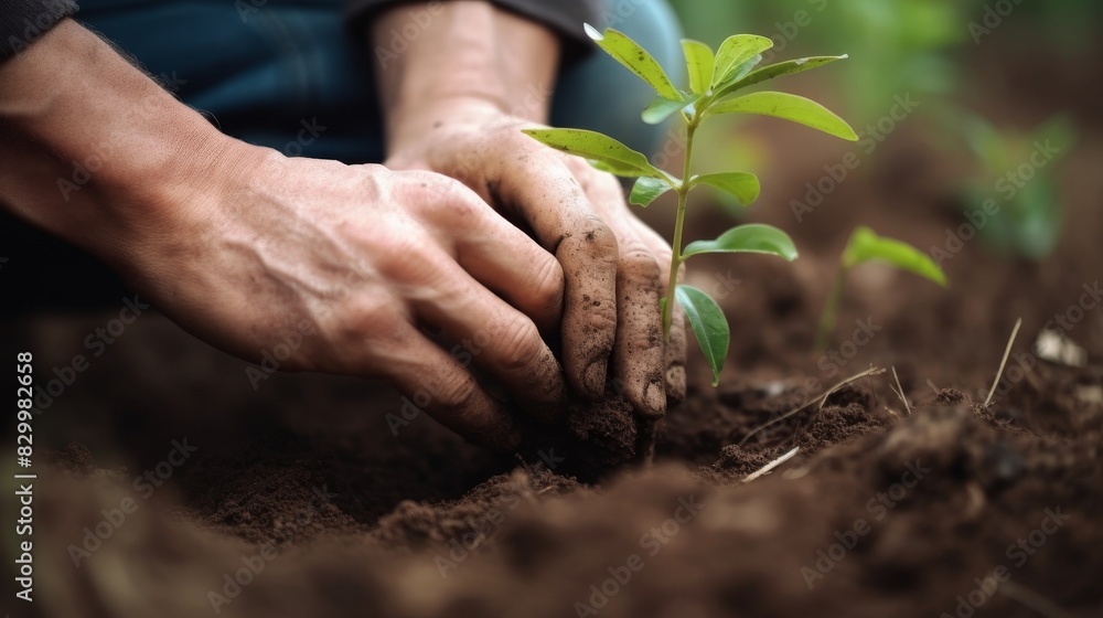 Fototapeta premium People planting trees or working in community garden close up