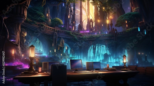 Office setting with glowing laptops and magical elements, fantasy style, illustration, enchanting atmosphere 8K , high-resolution, ultra HD,up32K HD photo