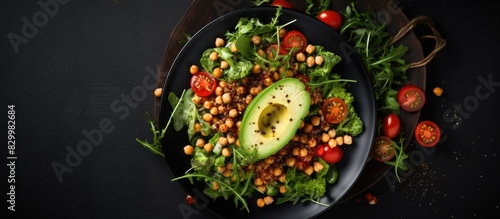 A top down view of a black plate containing a delicious salad with avocado roasted tomato greens and chickpeas There is also ample copy space in the image
