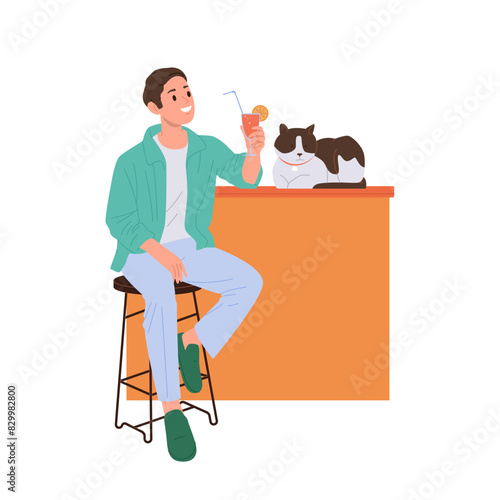 Happy smiling young guy isolated cartoon character drinking juice in cafe spending time with cat