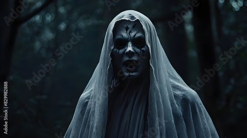 Evil halloween ghost avatar with open mouth coming towards you scary spooky horror background. Generative AI