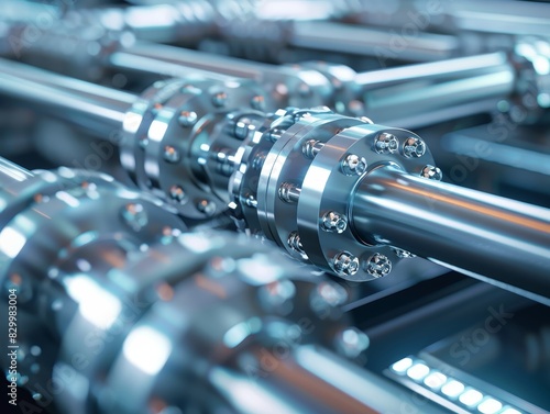 Close-up of shiny, metallic pipes and flanges with bolts in a factory setting.  The image evokes a sense of precision and industrial strength. photo