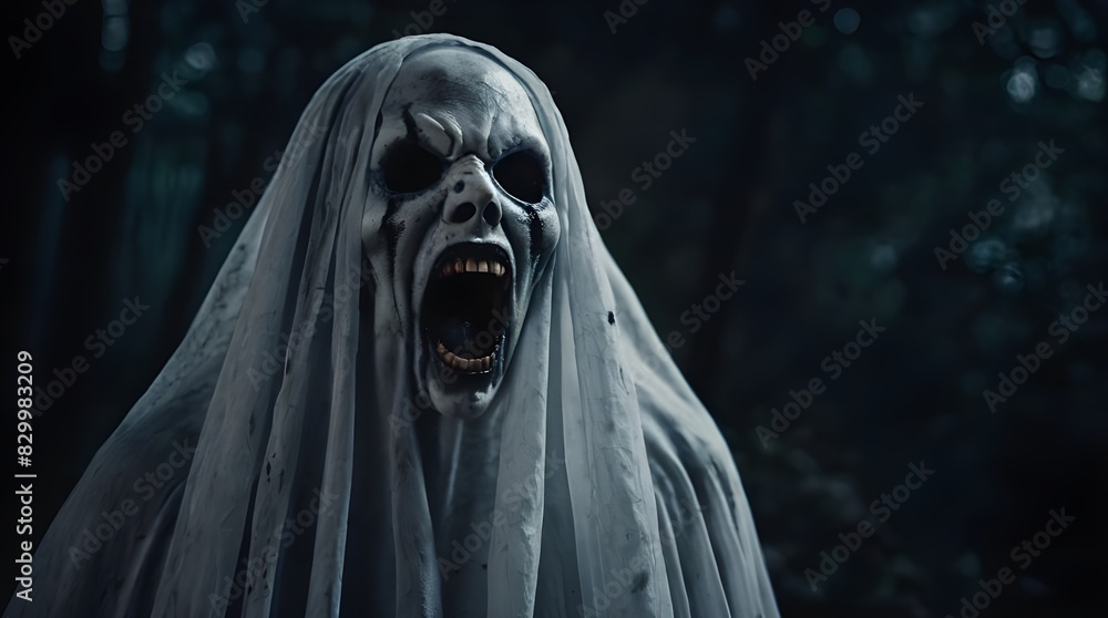 Evil halloween ghost avatar with open mouth coming towards you scary spooky horror background. Generative AI Evil halloween ghost avatar with open mouth coming towards you scary spooky horror background. Generative AI