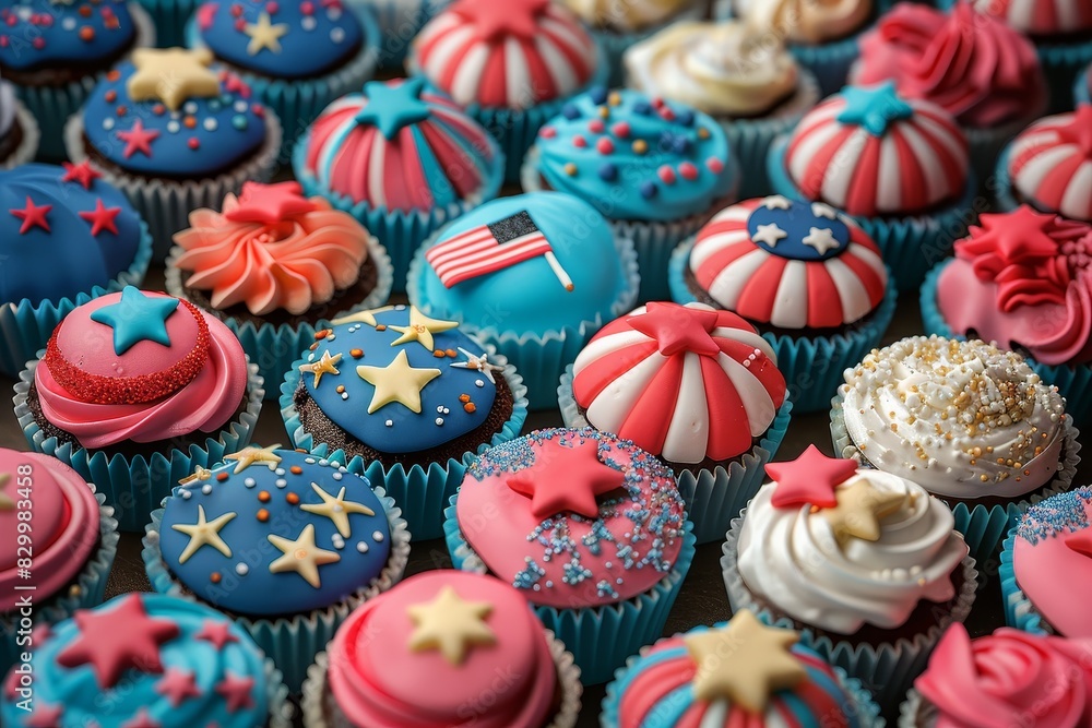 A close-up of an assortment of festive cupcakes decorated with red, white, and blue frosting.  The cupcakes are perfect for celebrating the 4th of July.