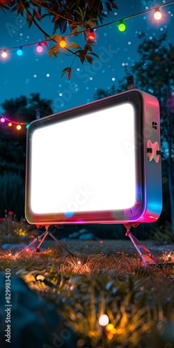 A blank screen TV sits on a table in front of a blurry background of colorful lights. photo