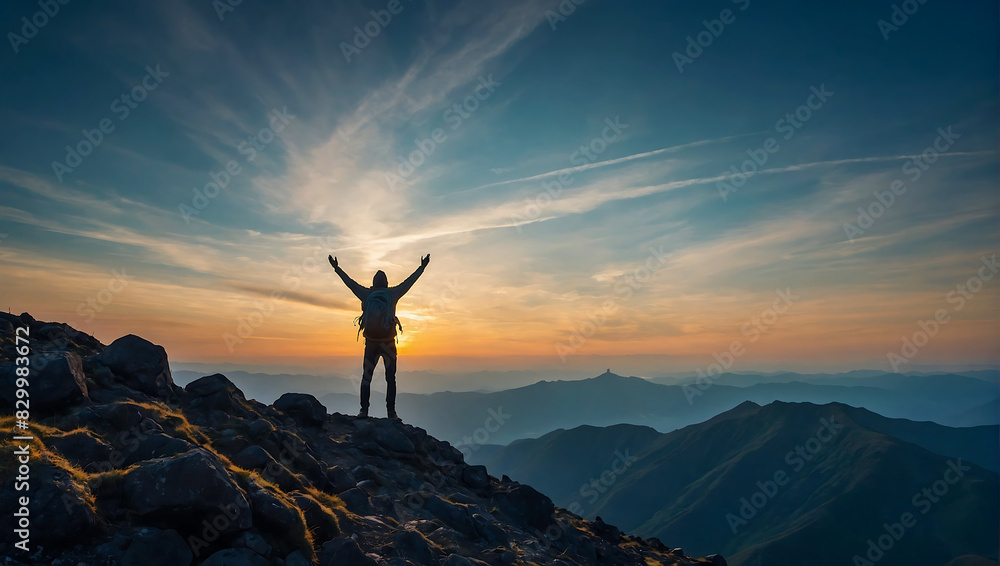 A lone person stands on top of a big mountain with hands towards the sky as to celebrate their achievement