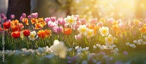 A close up image of spring flowers blooming in the park representing the concept of summer copy space image © vxnaghiyev