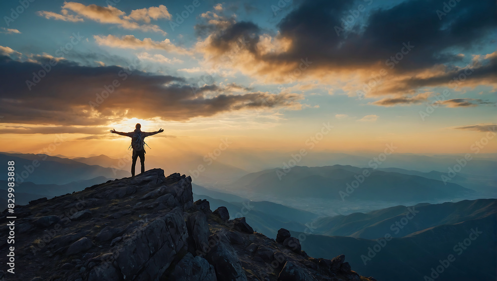 A lone person stands on top of a big mountain with hands towards the sky as to celebrate their achievement