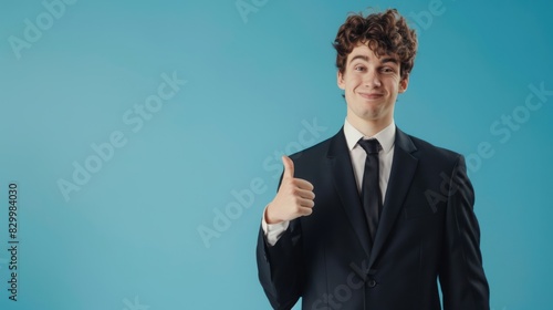 Businessman in a suit showing thumbs up on blue background