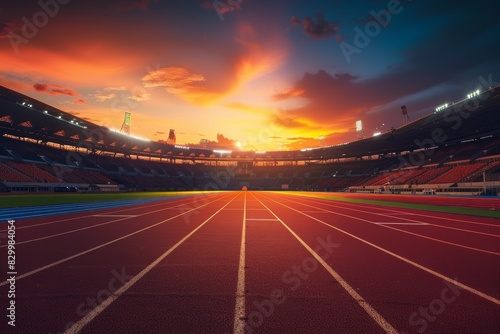 Olympic Stadium at Dusk with Illuminated Track and Field Events, Vibrant Sunset Sky - Perfect for Sports-Themed Prints