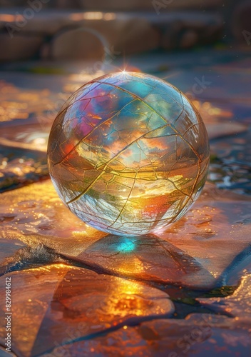 Hyperrealistic, transparent glass sphere, Medium: Digital art, hyperrealism, Setting: Abstract baroque kintsugi watercolor background