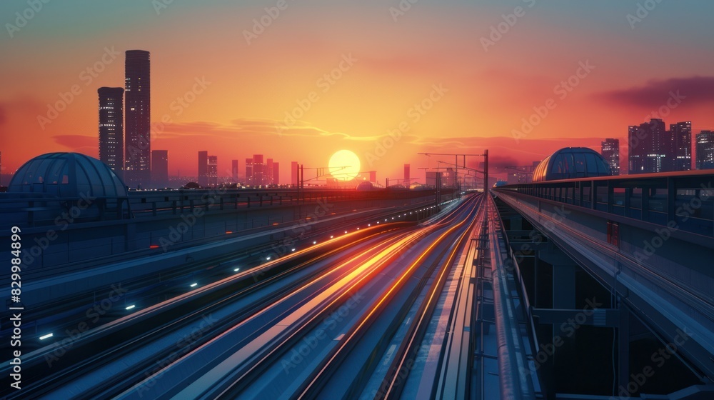 Fototapeta premium High-speed rail network interface visualizes the seamless integration of maglev technology across a wide range of urban landscapes.