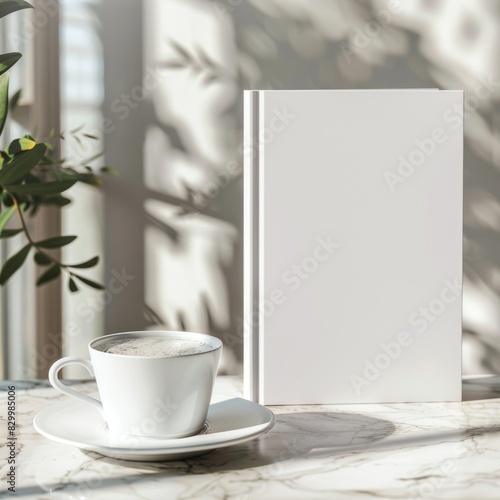 1 white book and cup of cafe in an aesthethicly pleasent environment mockup quality photography, book is thin, 30 pages photo