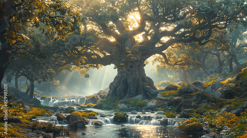 A towering ancient oak tree stands in a lush sunlit forest
