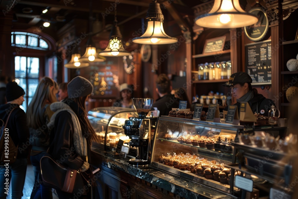 Cozy Café Interior with Patrons Enjoying Chocolate Desserts and Beverages - Perfect for Food Blogs, Menus, and Posters Cozy Café Interior with Patrons Enjoying Chocolate Desserts and Beverages - Perfect for Food Blogs, Menus, and Posters