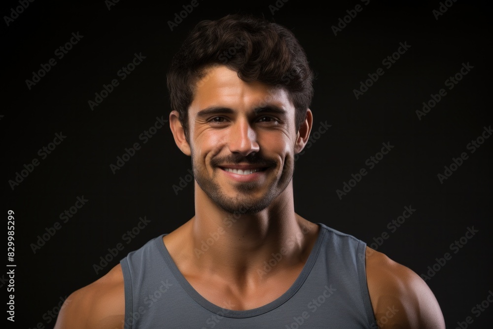 A man with a mustache smiling directly at the camera, showcasing confidence and positivity