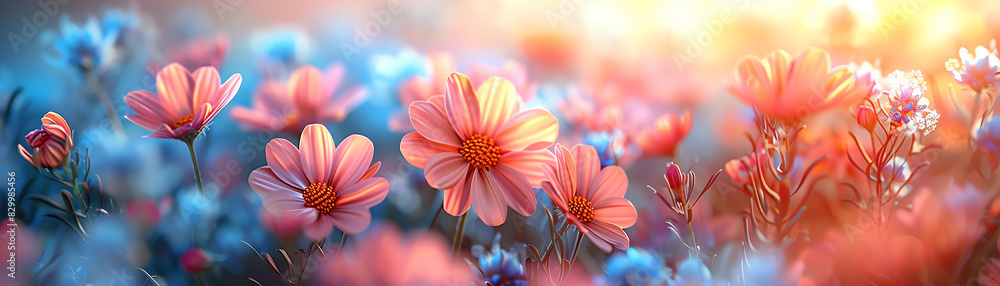 Fototapeta premium Generate a dreamy and vibrant landscape image of a field of flowers with a warm summer sunset