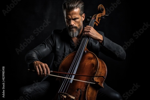 A man with a beard passionately plays a cello in a studio setting