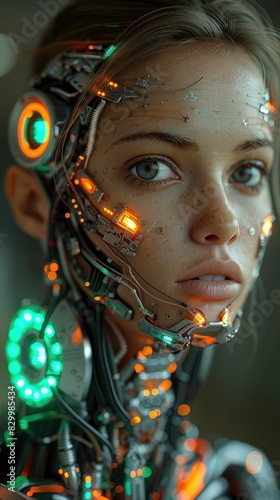 full body of european woman cyborg, upper body, head, eccentric, flashy, digitalart, digitalphotographic, futuristic, glossy, caucasian, sleek, vivid colors, transhumanism, posthuman, based on photo