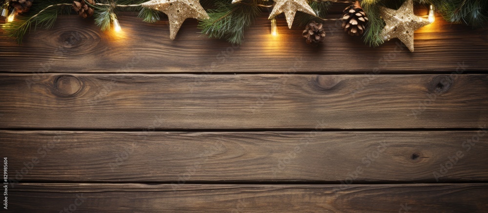 Festive Christmas decorations arranged on a rustic wooden background creating a beautiful copy space image Festive Christmas decorations arranged on a rustic wooden background creating a beautiful copy space image