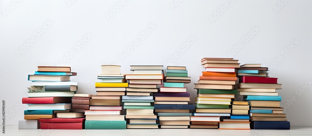 Copy space image featuring a stack of books against a white backdrop Copy space image featuring a stack of books against a white backdrop