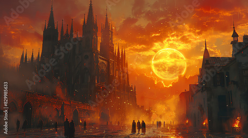 An epic fantasy painting of a ruined city. The sky is on fire. There are large buildings and a giant moon. The painting is dark and moody. photo