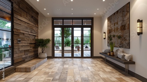 Contemporary Ranch-style entryway with stone flooring