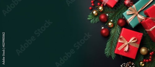 This is a festive Christmas border with a splendid xmas tree and vibrant red gifts resting on a lush green background It evokes the spirit of winter holidays and brings joy for the upcoming Happy New