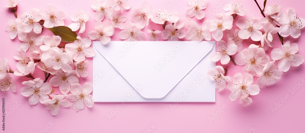 Copy space image of delicate blossoms of an Apple tree enclosed in a pink paper envelope resting on a pink and white background Top view flat lay Copy space image of delicate blossoms of an Apple tree enclosed in a pink paper envelope resting on a pink and white background Top view flat lay