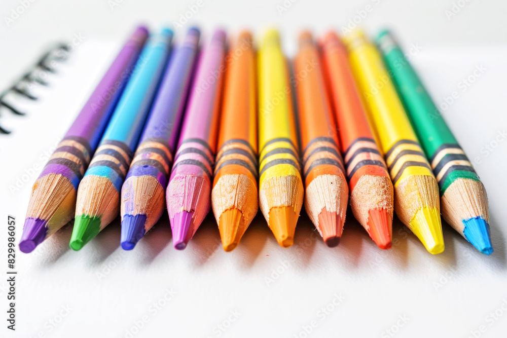 Close-up of colorful crayons lined up on a white surface. Close-up of colorful crayons lined up on a white surface.