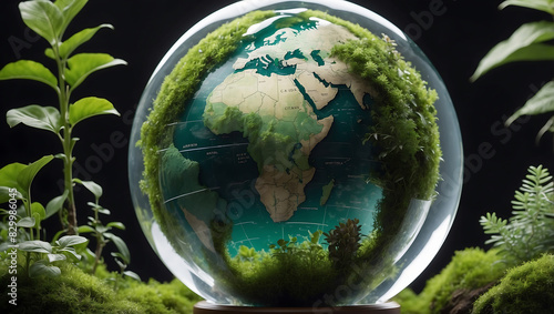 World environment day, Surrounding the globe are small plants and leaves extending outward, symbolizing nature and environmental growth against a dark blurred background
