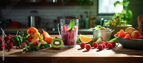 Copy space image of a summer fruit cocktail preparation with healthy ingredients showcased on a wooden table in the kitchen © vxnaghiyev