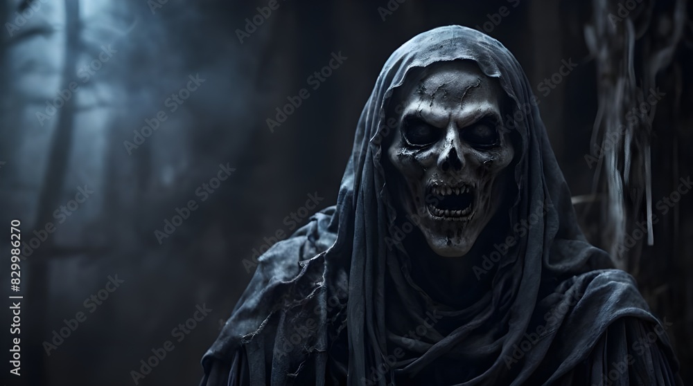 Evil halloween ghost avatar with open mouth coming towards you scary spooky horror background. Generative AI Evil halloween ghost avatar with open mouth coming towards you scary spooky horror background. Generative AI