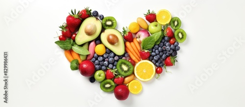 High resolution product photograph of a heart shaped food composition made from various fruits and vegetables set against a white background with empty space for text. with copy space image © vxnaghiyev