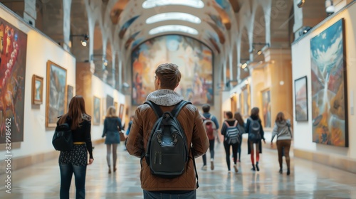 People admiring art in a museum gallery.