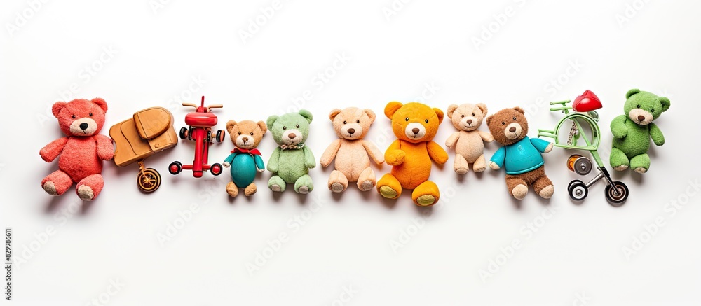 Naklejka premium Top view of children s toys on a white background featuring a copy space image