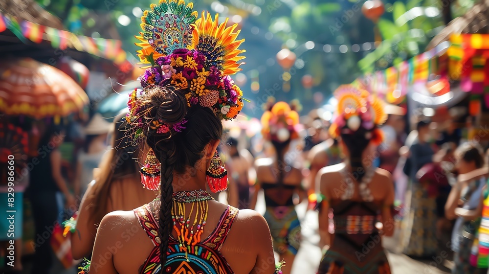 Women in traditional costumes with elaborate headdresses participate in a vibrant cultural celebration.