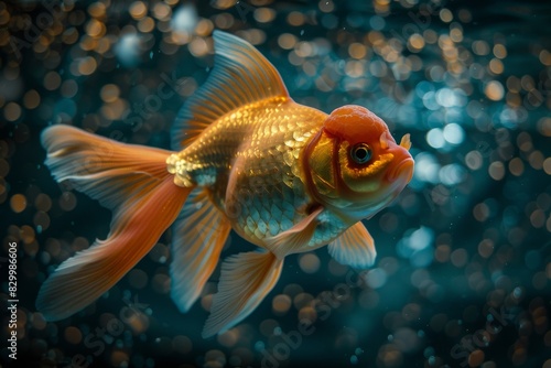 Peaceful underwater haven. Goldfish in aquarium with lovely aquatic flora