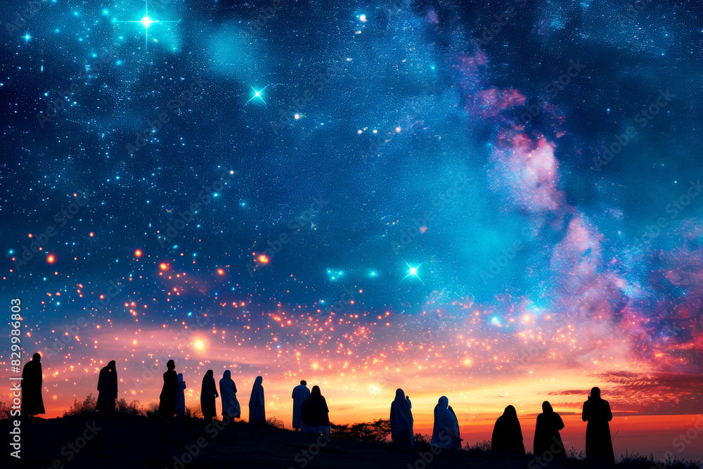 People silhouetted against a vibrant, starry night sky with colorful stars. People silhouetted against a vibrant, starry night sky with colorful stars.