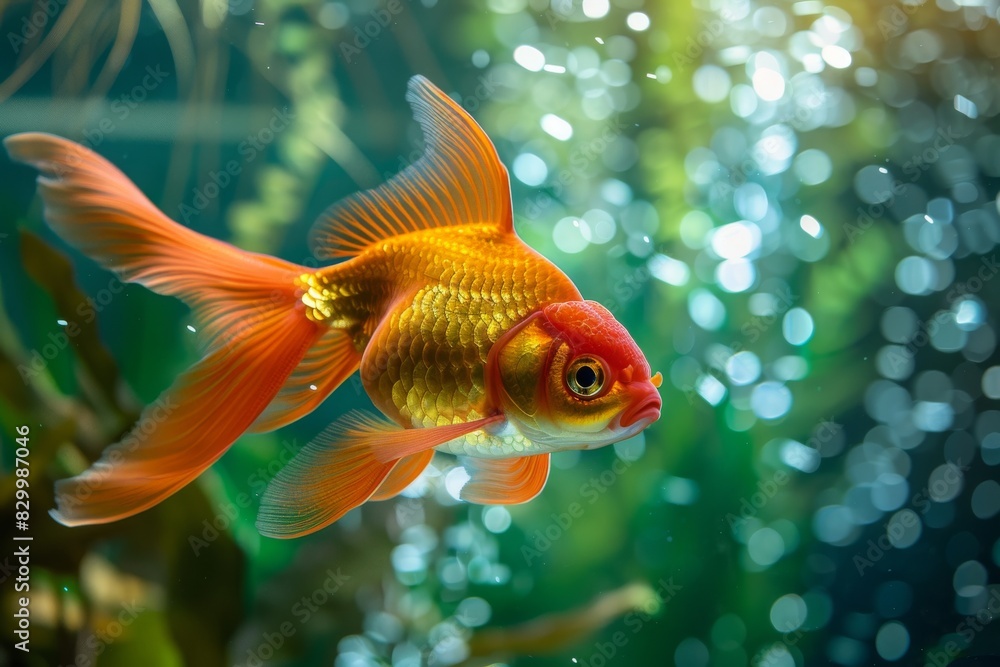 Harmony of the aquarium. Goldfish swimming amongst gorgeous plants