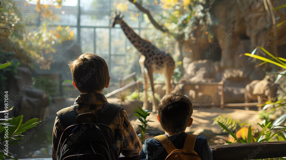 Two children watch a giraffe in a zoo enclosure. Two children watch a giraffe in a zoo enclosure.