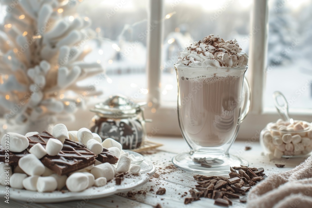 Cozy Winter Scene with Hot Chocolate and Toppings by a Snowy Window - Perfect for Holiday Cards, Posters, or Decor Cozy Winter Scene with Hot Chocolate and Toppings by a Snowy Window - Perfect for Holiday Cards, Posters, or Decor