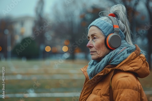 Portrait of happy senior woman listening music on wireless headphone Portrait of an elderly woman listening to music on headphones against the background of nature