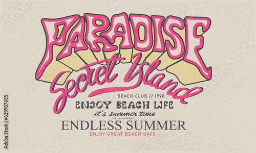 Sunshine beach club graphic print design for t shirt print, poster, sticker and other uses. Sunny day at the beach. Ocean wave. Palm tree design. Secret island.