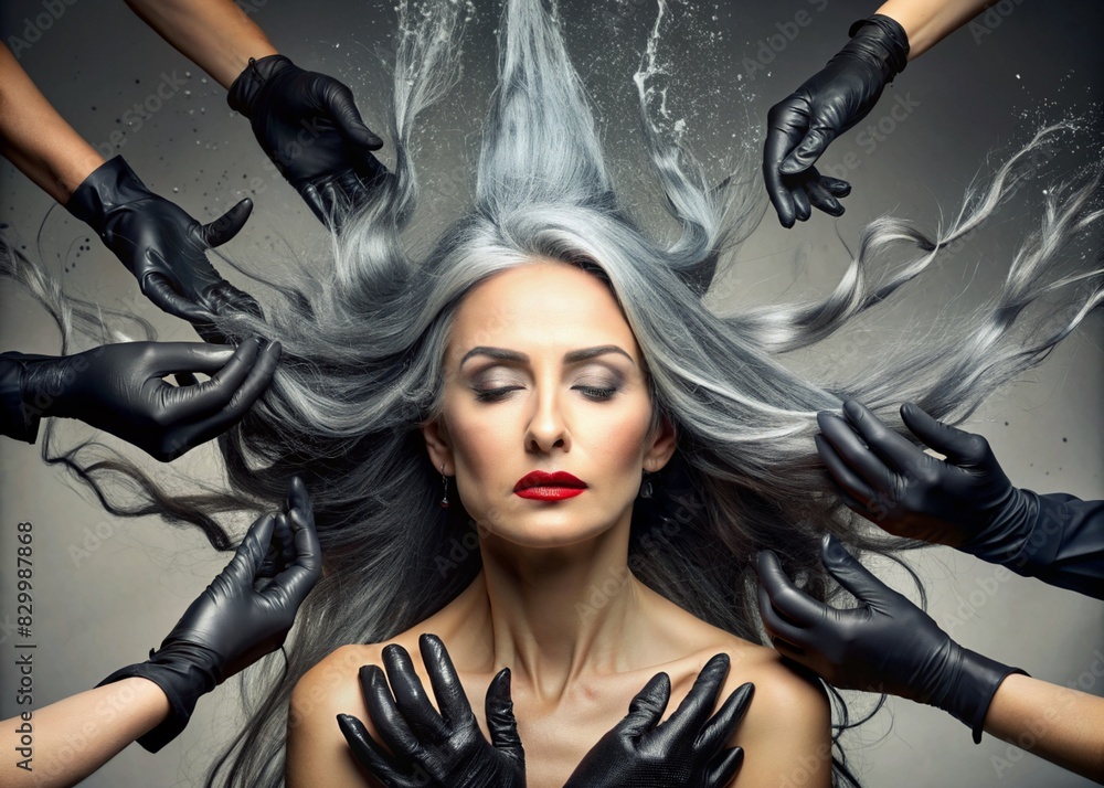 A creative banner for a beauty salon or barbershop. Fashionable professional hair coloring. A beautiful woman with long gray hair.